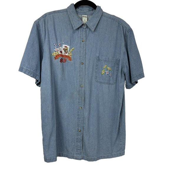 Vtg Bay Beauty Women's Las Vegas Denim Button Up Shirt Shoulder Pads XXL Blue - Picture 1 of 9